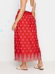 Yours Curve Red Broderie Shirred Waist Skirt - Image 4 of 6