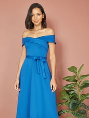 Yumi Blue Bardot Stretch Midi Skater Dress - Image 1 of 4