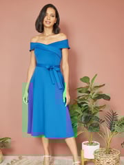 Yumi Blue Bardot Stretch Midi Skater Dress - Image 2 of 4