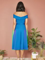 Yumi Blue Bardot Stretch Midi Skater Dress - Image 3 of 4