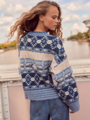 Blue/White Aztec Pattern Relaxed Fit Soft Touch Knitted Jumper - Image 3 of 7