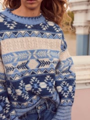 Blue/White Aztec Pattern Relaxed Fit Soft Touch Knitted Jumper - Image 4 of 7