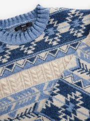 Blue/White Aztec Pattern Relaxed Fit Soft Touch Knitted Jumper - Image 6 of 7