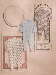 Blue/Green Cath Kidston Cars Baby 100% Cotton Sleepsuits 3 Pack - Image 1 of 13