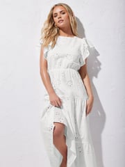 PixieGirl Petite White 100% Cotton Frill Sleeve Embrodiered Maxi Dress - Image 1 of 6