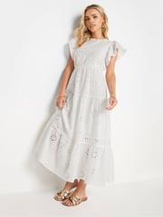 PixieGirl Petite White 100% Cotton Frill Sleeve Embrodiered Maxi Dress - Image 3 of 6