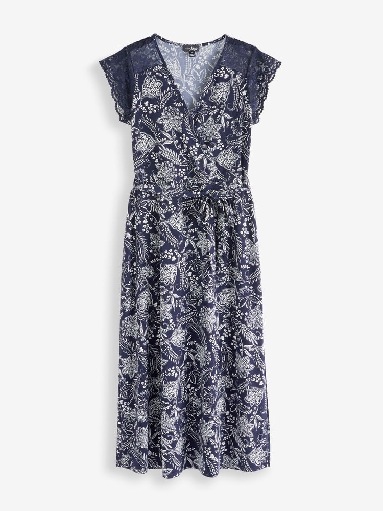 Pour Moi Navy White Julie Slinky Jersey Lace Trim Midi Dress - Image 2 of 5