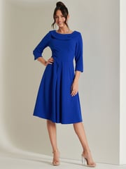 Jolie Moi Blue 3/4 Sleeve Fold Neck Midi Dress - Image 1 of 6
