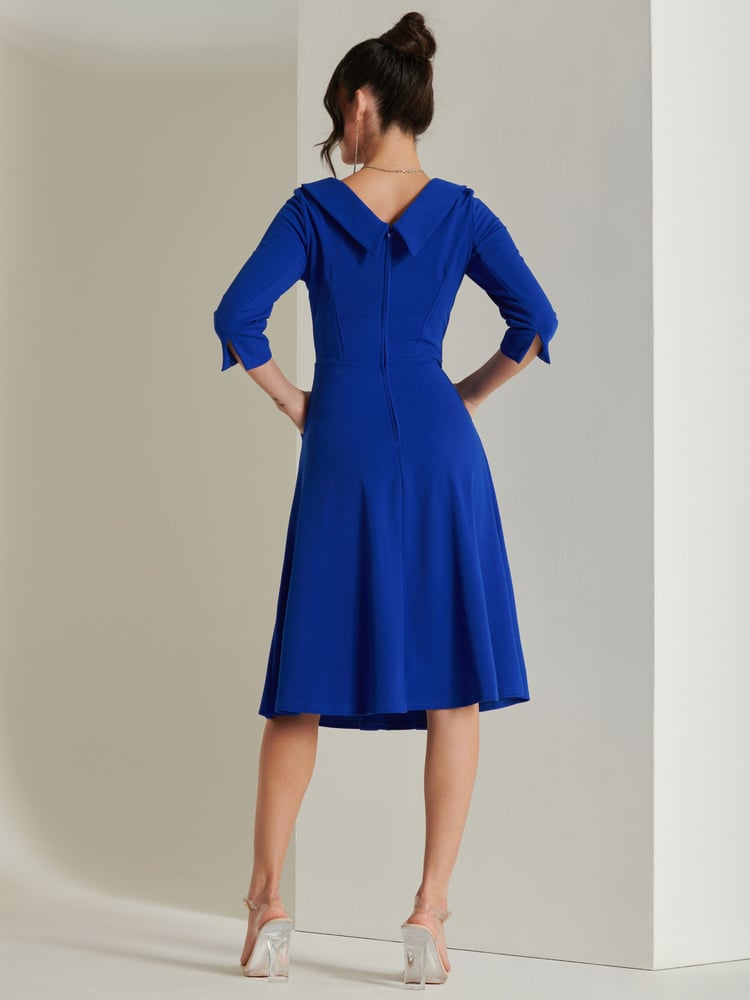 Jolie Moi Blue 3/4 Sleeve Fold Neck Midi Dress - Image 2 of 6 Jolie Moi Blue 3/4 Sleeve Fold Neck Midi Dress - Image 2 of 6