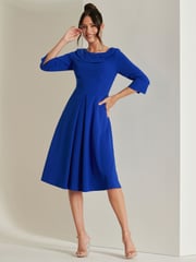 Jolie Moi Blue 3/4 Sleeve Fold Neck Midi Dress - Image 3 of 6