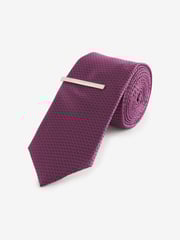 Purple Grape Slim Textured Tie And Clip Set - Image 1 of 3