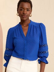 Love & Roses Blue 3/4 Sleeve V Neck Dobby Blouse - Image 1 of 4