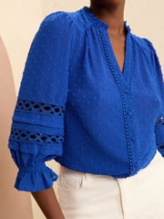 Love & Roses Blue 3/4 Sleeve V Neck Dobby Blouse - Image 2 of 4