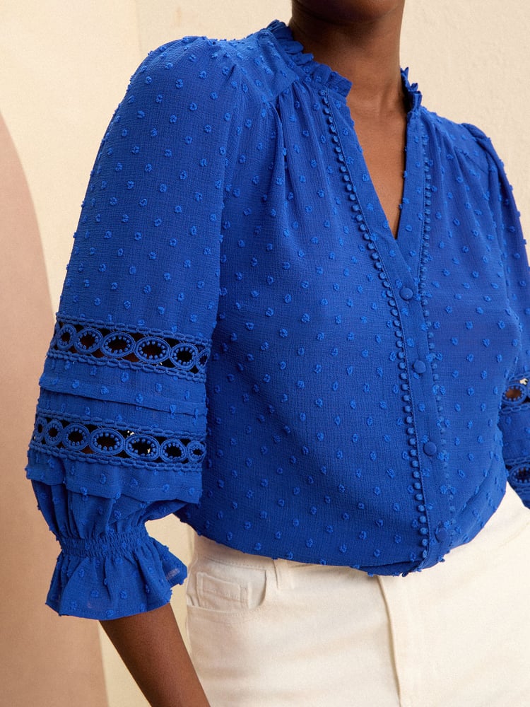 Love & Roses Blue 3/4 Sleeve V Neck Dobby Blouse - Image 2 of 4