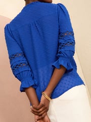 Love & Roses Blue 3/4 Sleeve V Neck Dobby Blouse - Image 3 of 4