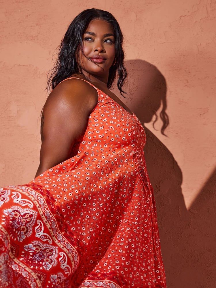 Yours Curve Red Hanky Hem Border Dress - Image 1 of 6