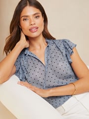 Lipsy Navy Blue Polka Dot Ruffle Sleeve V Neck Tie Front Blouse - Image 1 of 4
