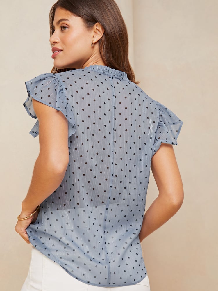 Lipsy Navy Blue Polka Dot Ruffle Sleeve V Neck Tie Front Blouse - Image 2 of 4