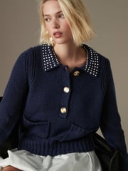 Navy Blue Gem Embellished Collar Jumper - Image 1 of 7