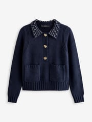 Navy Blue Gem Embellished Collar Jumper - Image 6 of 7