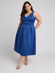 Yours Curve Blue London V-Neck Pleated Dress - Image 1 of 5