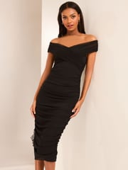 Lipsy Black Ruched Bodycon Bardot Midi Dress - Image 1 of 4