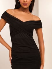 Lipsy Black Ruched Bodycon Bardot Midi Dress - Image 2 of 4