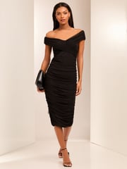 Lipsy Black Ruched Bodycon Bardot Midi Dress - Image 3 of 4