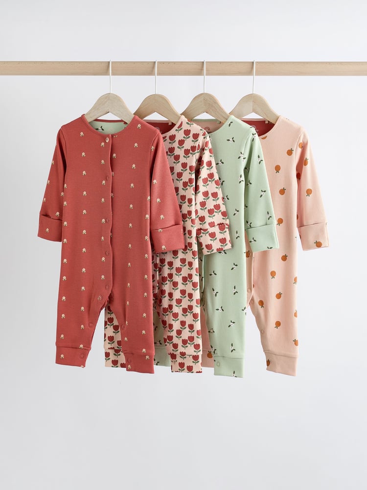 Green/Orange Floral 4 Pack Baby Footless Sleepsuits (0mths-3yrs) - Image 1 of 14