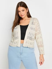 Yours Curve Ivory White Pure 100% Cotton Cropped Pointelle Cardigan - Image 1 of 5