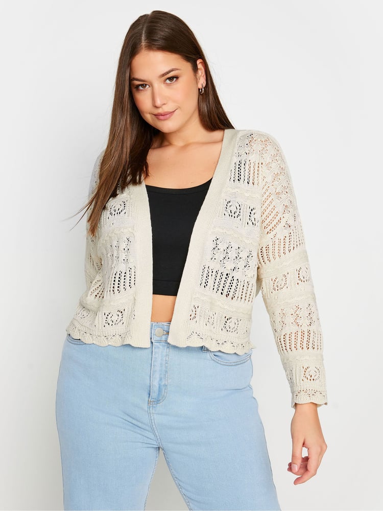 Yours Curve Ivory White Pure 100% Cotton Cropped Pointelle Cardigan - Image 1 of 5