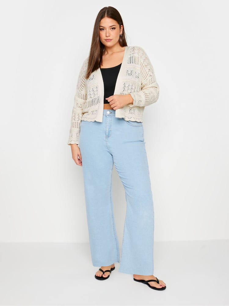 Yours Curve Ivory White Pure 100% Cotton Cropped Pointelle Cardigan - Image 2 of 5