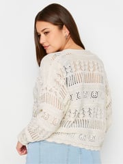 Yours Curve Ivory White Pure 100% Cotton Cropped Pointelle Cardigan - Image 3 of 5