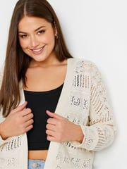 Yours Curve Ivory White Pure 100% Cotton Cropped Pointelle Cardigan - Image 4 of 5