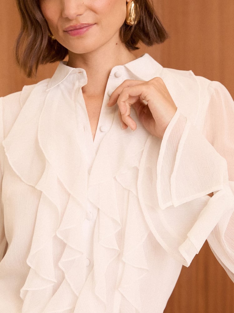 Love & Roses Cream Ruffle Button Through Long Sleeve Blouse - Image 2 of 4 Love & Roses Cream Ruffle Button Through Long Sleeve Blouse - Image 2 of 4