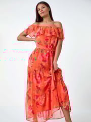 Roman Orange Floral Tiered Bardot Belted Dress - Image 2 of 5