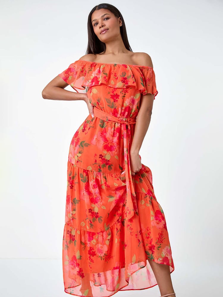 Roman Orange Floral Tiered Bardot Belted Dress - Image 2 of 5