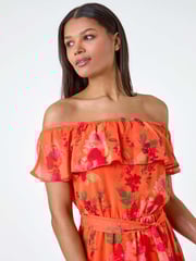 Roman Orange Floral Tiered Bardot Belted Dress - Image 4 of 5