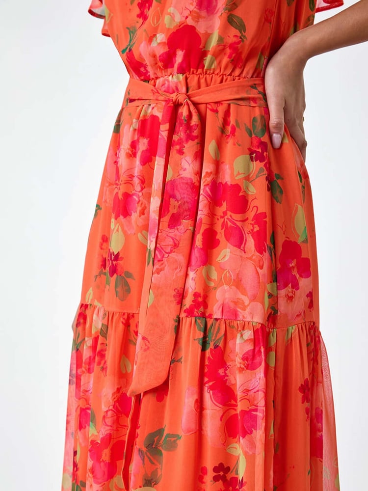 Roman Orange Floral Tiered Bardot Belted Dress - Image 5 of 5
