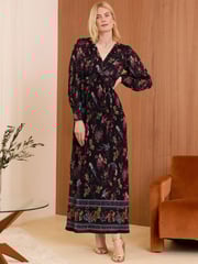 Love & Roses Black Bird Print Mesh Twist Front Midi Dress - Image 1 of 4