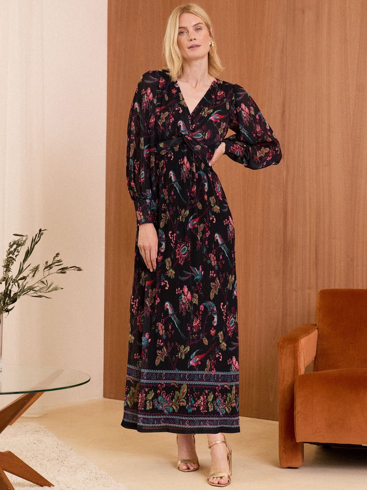 Love & Roses Black Bird Print Mesh Twist Front Midi Dress - Image 1 of 4