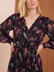 Love & Roses Black Bird Print Mesh Twist Front Midi Dress - Image 2 of 4