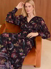 Love & Roses Black Bird Print Mesh Twist Front Midi Dress - Image 3 of 4