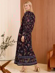 Love & Roses Black Bird Print Mesh Twist Front Midi Dress - Image 4 of 4