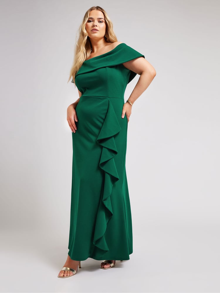 Yours Curve Green London Ruffle Bardot Maxi Dress - Image 2 of 5