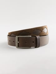 Brown/Cream Geometric Stitch Detail Leather Belt - Image 2 of 4