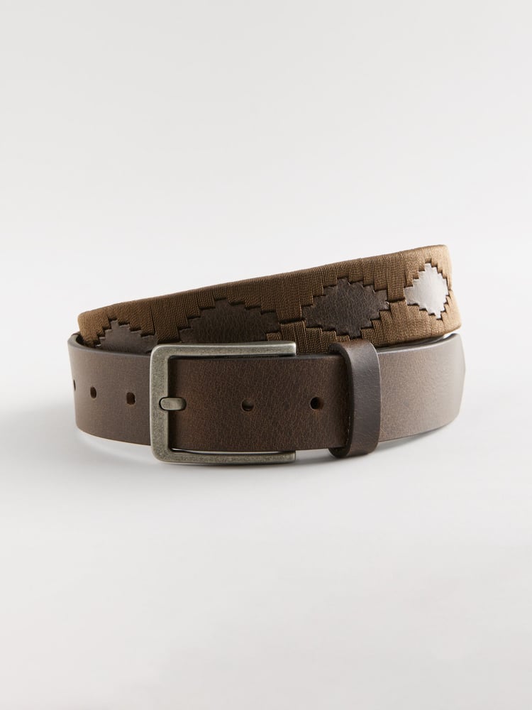 Brown/Cream Geometric Stitch Detail Leather Belt - Image 2 of 4
