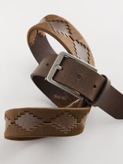 Brown/Cream Geometric Stitch Detail Leather Belt - Image 3 of 4