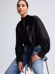 Black Corsage Long Sleeve Ruffle Blouse - Image 1 of 7