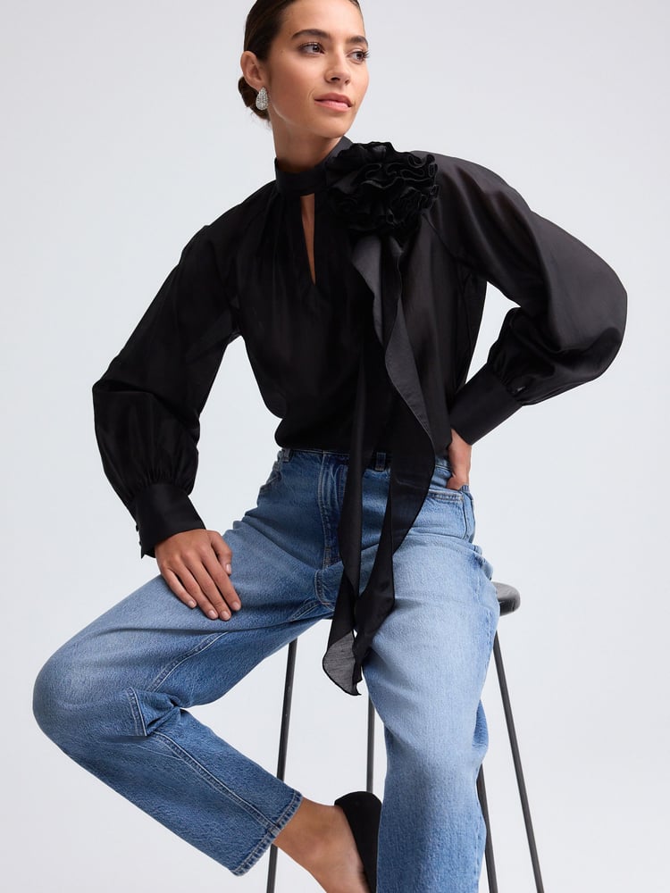 Black Corsage Long Sleeve Ruffle Blouse - Image 2 of 7